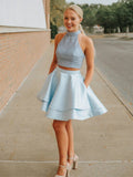Short Two Piece A-line High Neck Satin Backless Prom Homecoming Dress with Pockets