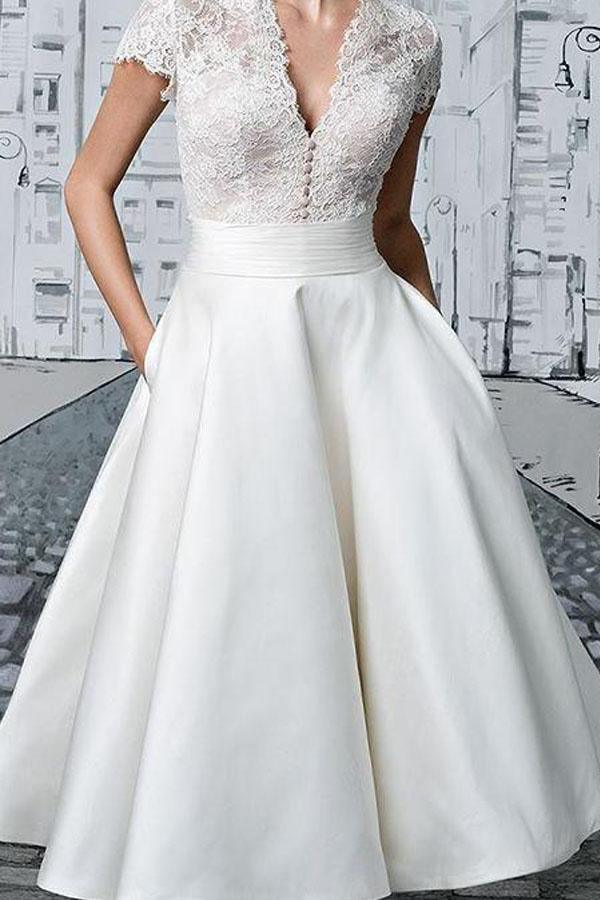Short Wedding Dresses V-neck Lace Tea-length Ivory Simple Bridal Gown