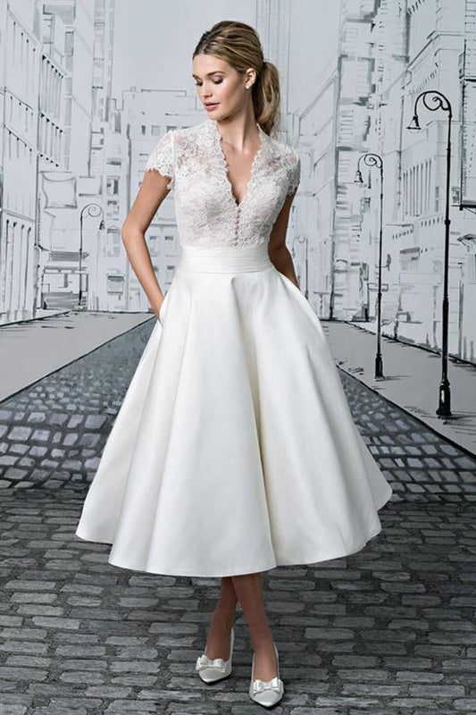 Robe de mariée courte en dentelle à col en V, longueur thé, ivoire, robe de mariée simple WD422