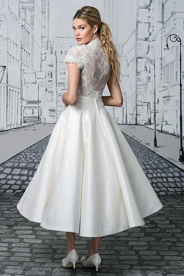 Robe de mariée courte en dentelle à col en V, longueur thé, ivoire, robe de mariée simple WD422