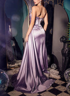 Robe de bal longue en satin dos ouvert fendue, style sirène séduisante avec décolleté en cœur