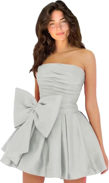 Vestidos de fiesta cortos y elegantes de corte A, sin mangas, sin tirantes, fruncidos, con cordones y lazo