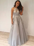 Abito lungo argento a linea ad A con collo all'americana in tulle e pizzo per cerimonie formali