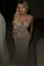 Silver Sheath Evening Gown With Allover Crystal Beaded Floral Details