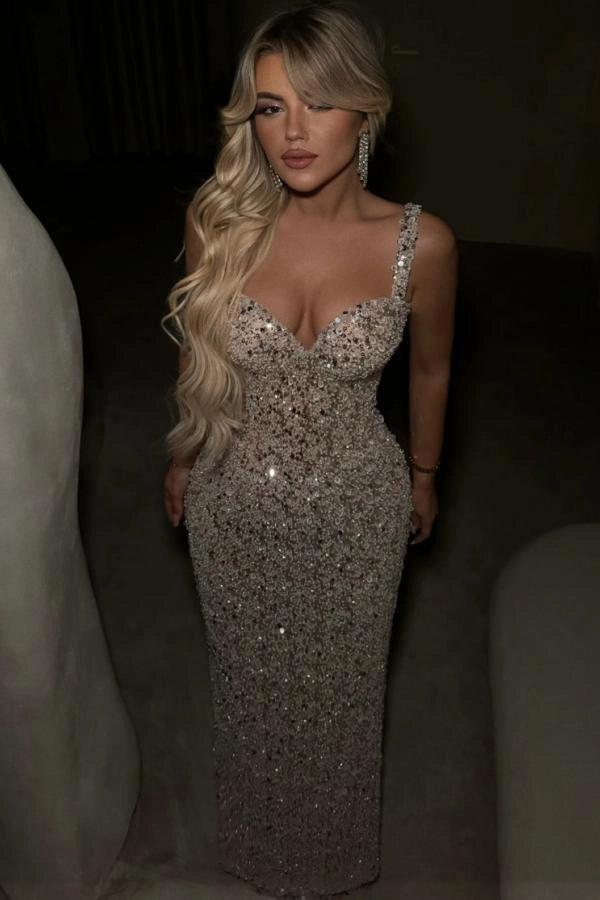 Silver Sheath Evening Gown With Allover Crystal Beaded Floral Details