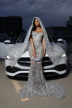 Silver Beaded Mermaid Prom Dress With Court Train And Sleeveless Neckline