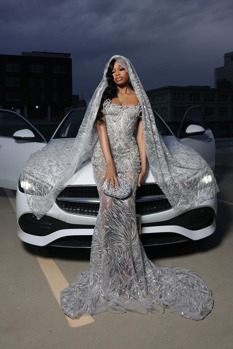Silver Beaded Mermaid Prom Dress With Court Train And Sleeveless Neckline