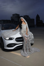 Silver Beaded Mermaid Prom Dress With Court Train And Sleeveless Neckline