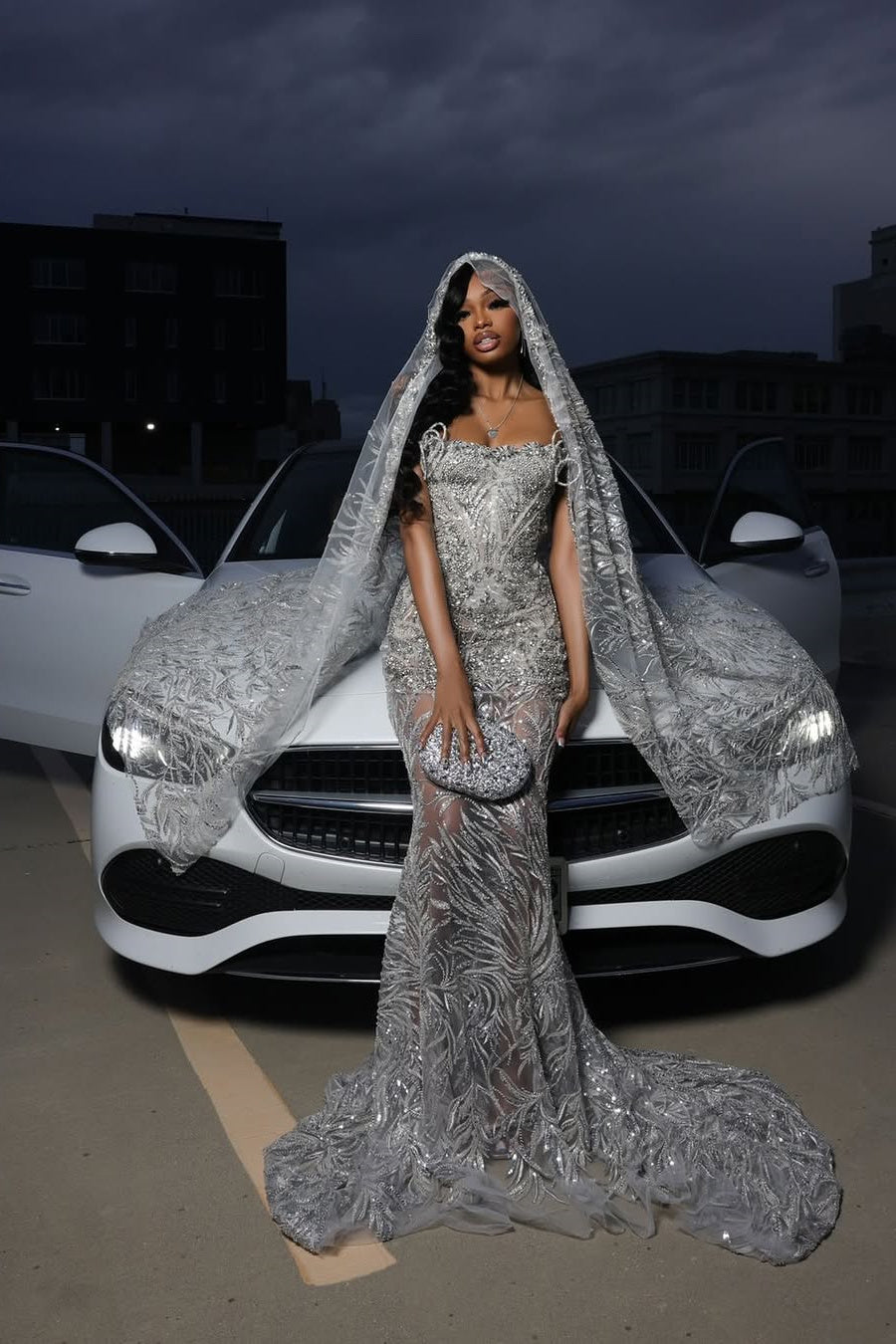 Silver Beaded Mermaid Prom Dress With Court Train And Sleeveless Neckline