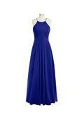 Abito da damigella semplice a linea ad A con schiena a O, lungo, in chiffon, con collo allacciato BD018