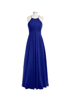 Abito da damigella semplice a linea ad A con schiena a O, lungo, in chiffon, con collo allacciato BD018