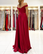 Simple A-line Off-the-shoulder Stretch Satin Long Prom Dress with Slit