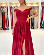 Simple A-line Off-the-shoulder Stretch Satin Long Prom Dress with Slit