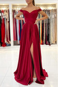 Simple A-line Off-the-shoulder Stretch Satin Long Prom Dress with Slit