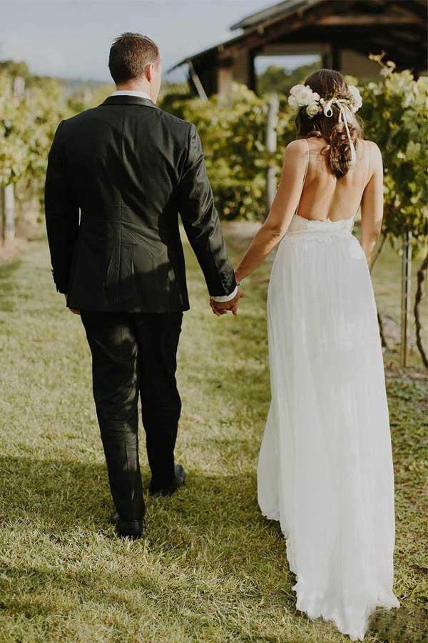 Simple A-line Spaghetti Straps Beach Chiffon Wedding Dresses with Lace