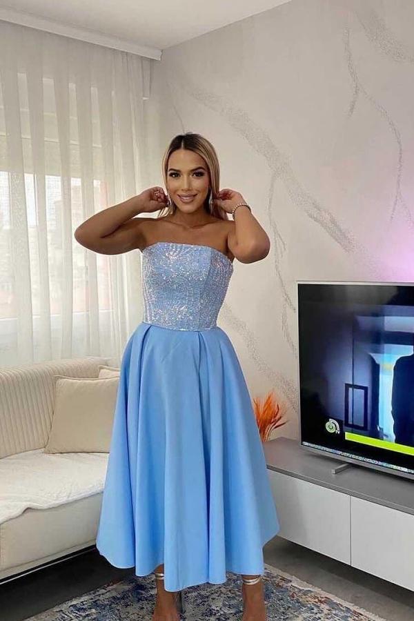 Simple A-line Strapless Satin Blue Short Prom Dress