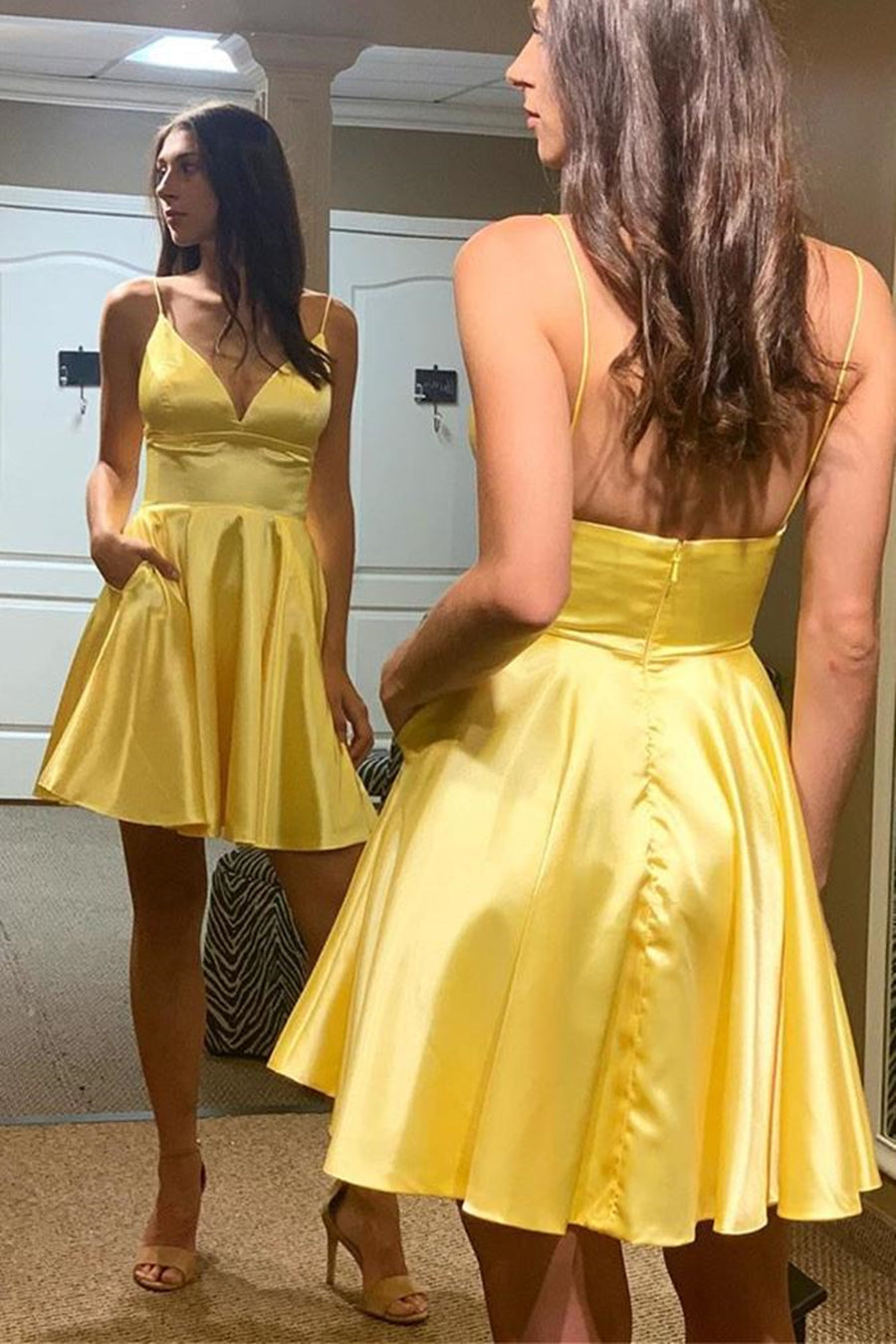 Simple A-line V Neck Backless Yellow Satin Short Prom Homecoming Dresses with Pockets