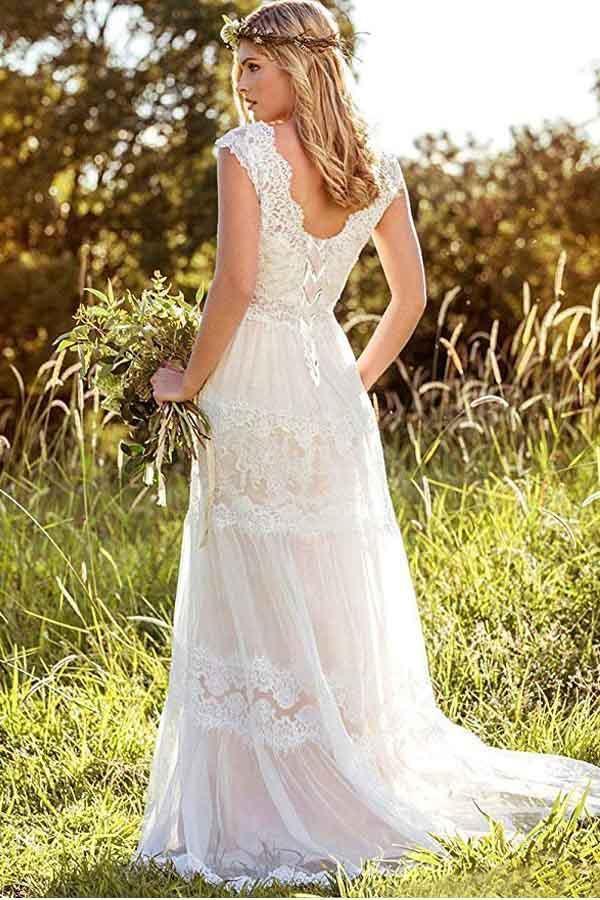 Simple A-Line V-Neck Bohemian Lace Rustic Bridal Gown Wedding Dress