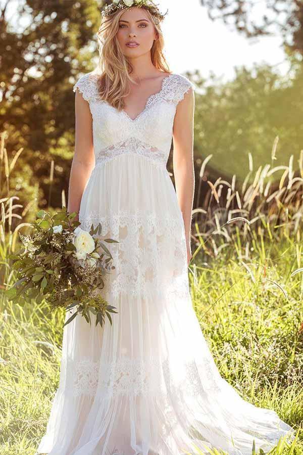 Simple A-Line V-Neck Bohemian Lace Rustic Bridal Gown Wedding Dress