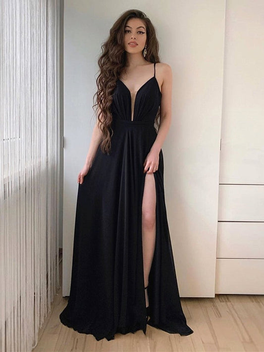 Vestidos de fiesta largos de gasa negra con escote en V y corte A sencillos con abertura alta