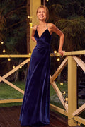 Simple A-line V-neck Open Back Velvet Long Prom Dress