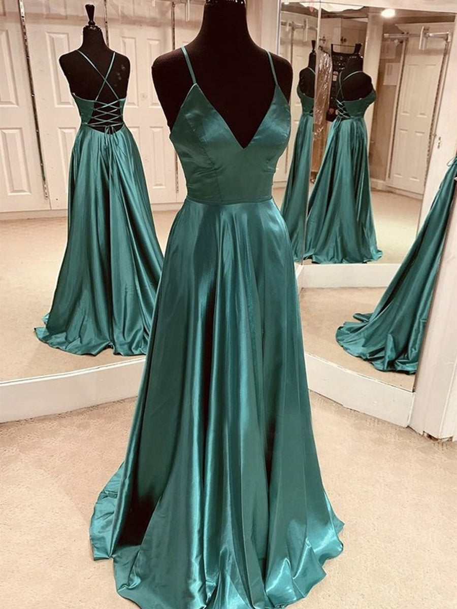 Simple A Line V Neck Satin Backless Long Prom Formal Graduation Evening Dresses