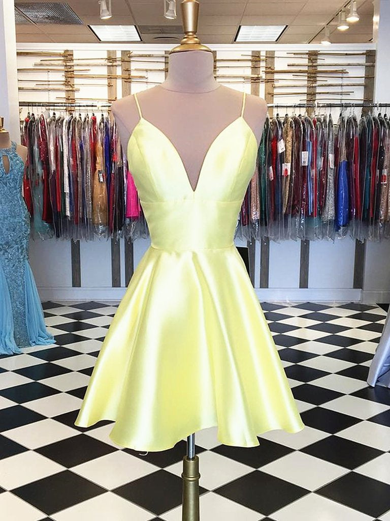 Robe courte de bal ou de retour à la maison en satin jaune, simple, ligne A, col en V