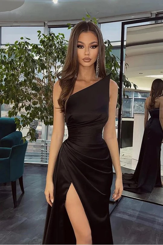 Vestidos de Baile Pretos Simples, Longos, com Um Ombro Só e Fenda, Estilo Sereia