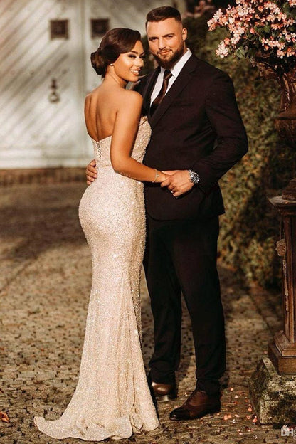 Simple Champagne Strapless Sequins Column Prom Dresses with Slit