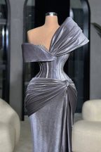 Gray Off The Shoulder Mermaid Prom Dress With Cascading Ruffles