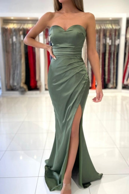 Vestido de fiesta sencillo verde sin tirantes, sin mangas, corte sirena, de satén elástico, largo hasta el suelo