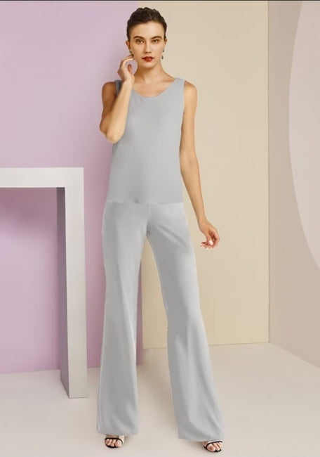 Vestido de Mãe Simples com Joia, Manga Comprida, Dois Peças em Chiffon