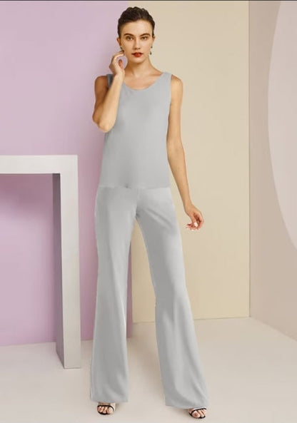 Vestido de madre de gasa de dos piezas con mangas largas y joya sencilla