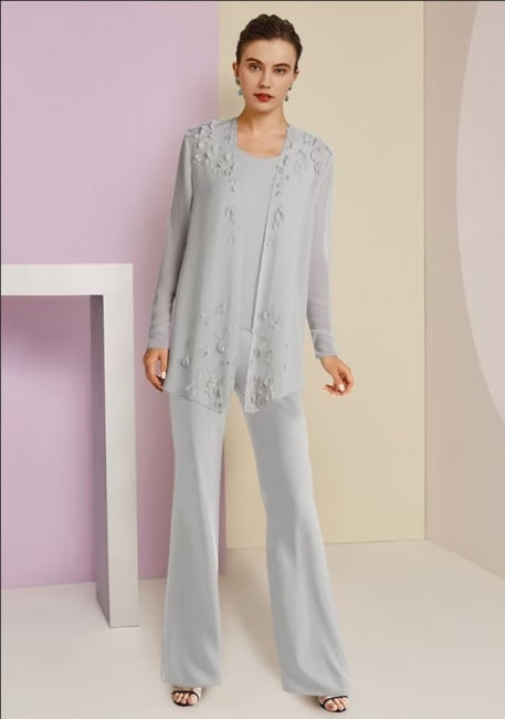 Vestido de Mãe Simples com Joia, Manga Comprida, Dois Peças em Chiffon