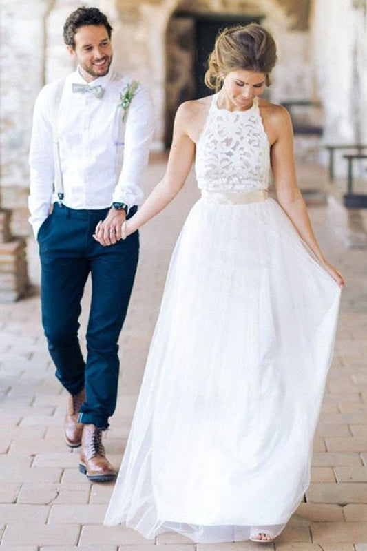 Vestido de novia sencillo, sin mangas, largo hasta el suelo, con parte superior de encaje y joya