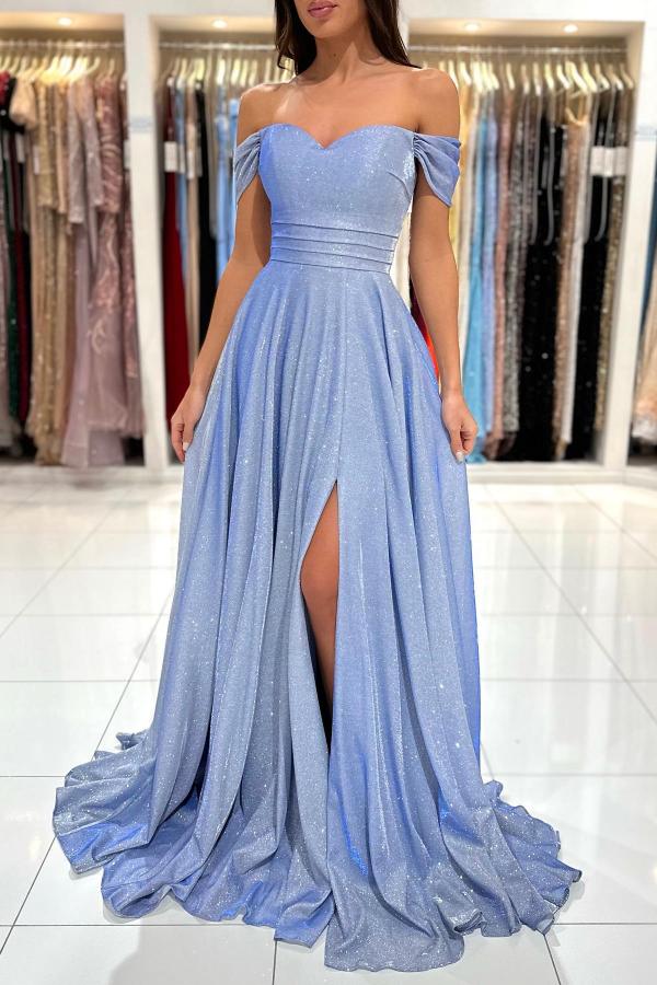 Abito lungo semplice a linea ad A con spalle scoperte, glitter e spacco