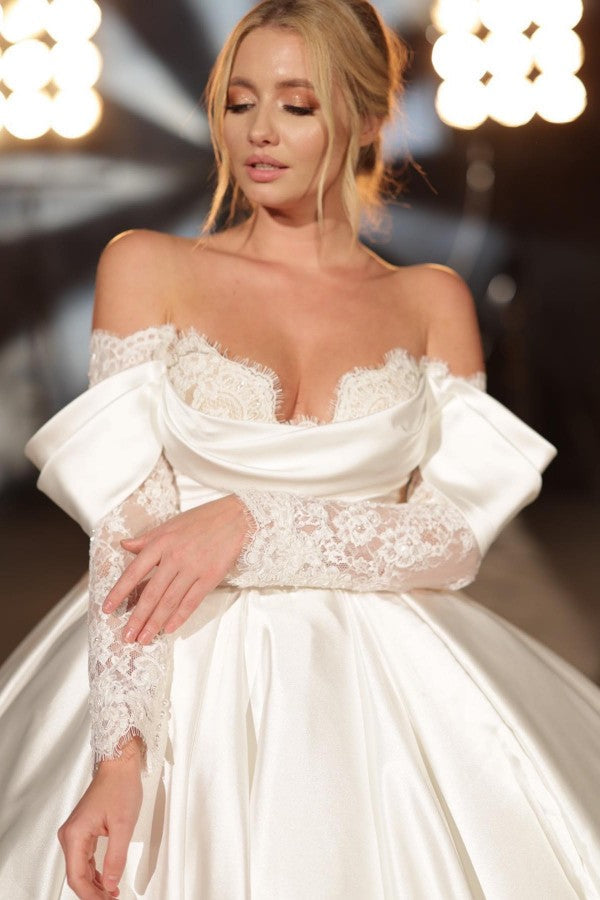 Simple Long A-Line Off-Shoulder Princess Satin Lace Wedding Dress With Sleeves