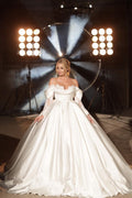 Simple Long A-Line Off-Shoulder Princess Satin Lace Wedding Dress With Sleeves