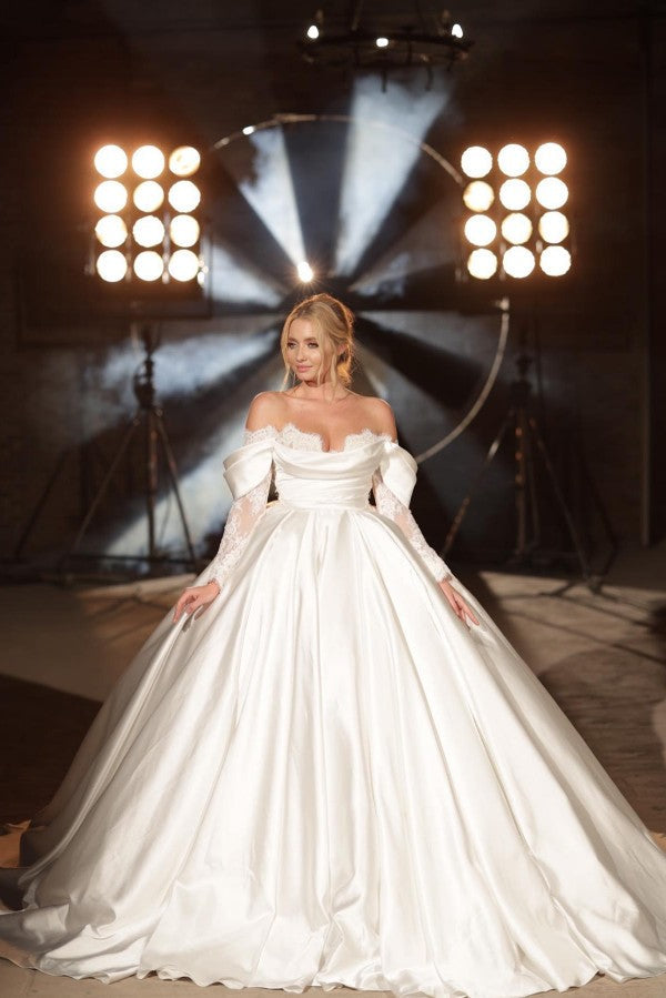Simple Long A-Line Off-Shoulder Princess Satin Lace Wedding Dress With Sleeves