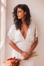 Simple Long A-line Open Back Sleeveless V-neck Lace Wedding Dress