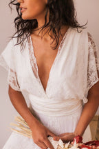 Simple Long A-line Open Back Sleeveless V-neck Lace Wedding Dress