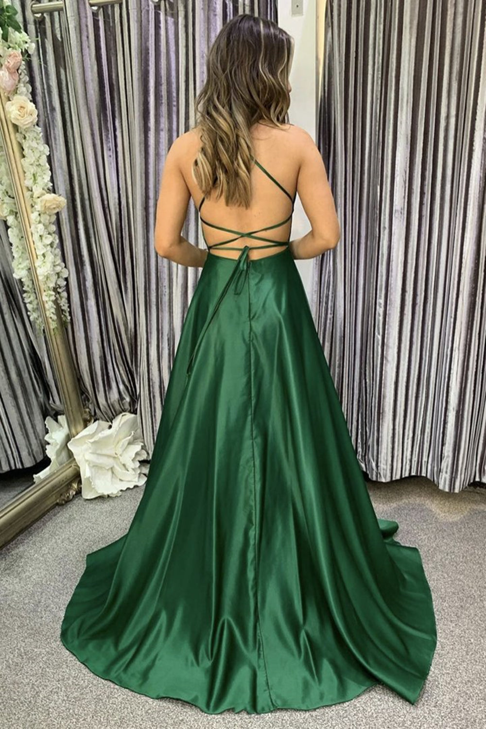 Simple Long A-line Satin Open Back Graduation Prom Dresses with Slit
