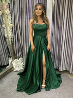 Simple Long A-line Satin Open Back Graduation Prom Dresses with Slit
