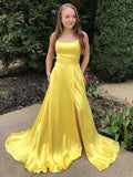 Simple Long A-line Scoop Neck Satin Fornt Slit Graduation Prom Dresses with Pockets