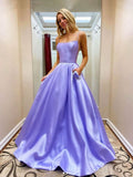Simple Long A-line Scoop Neck Satin Prom Dress with Pockets Purple Formal Graduation Evening Gowns