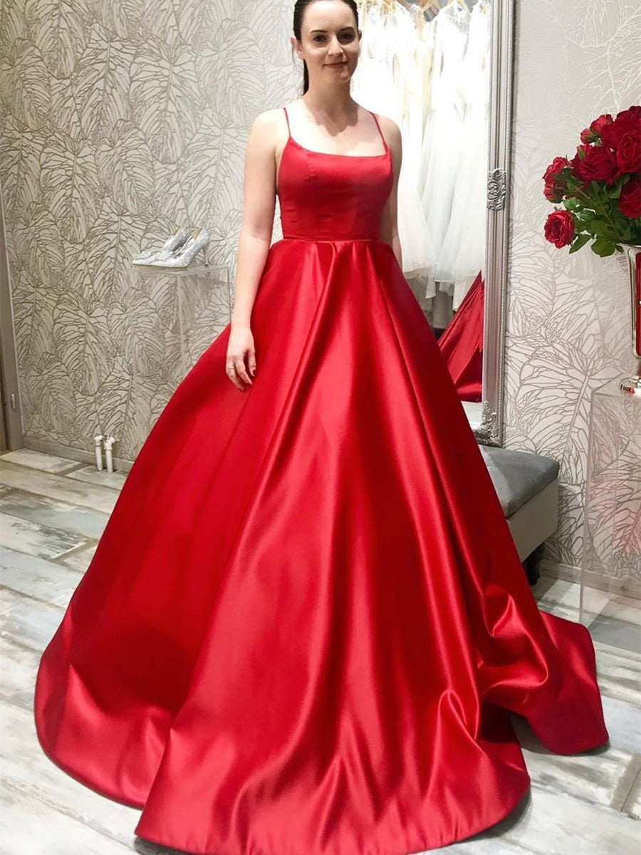 Simple Long A-line Spaghetti Straps Backless Satin Prom Formal Graduation Dresses