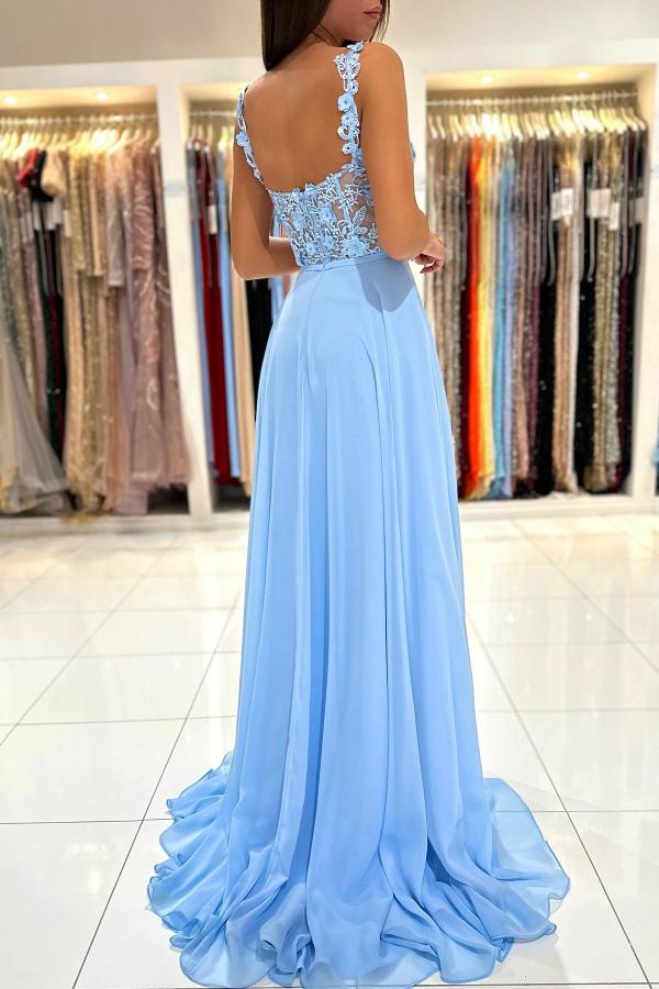 Abito lungo semplice a linea ad A con scollo a cuore, chiffon, pizzo, senza schiena e spacco per ballo di fine anno