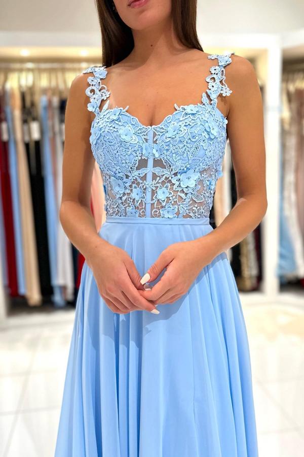 Abito lungo semplice a linea ad A con scollo a cuore, chiffon, pizzo, senza schiena e spacco per ballo di fine anno