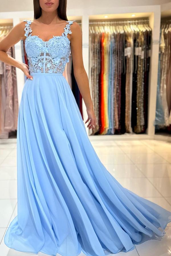 Abito lungo semplice a linea ad A con scollo a cuore, chiffon, pizzo, senza schiena e spacco per ballo di fine anno