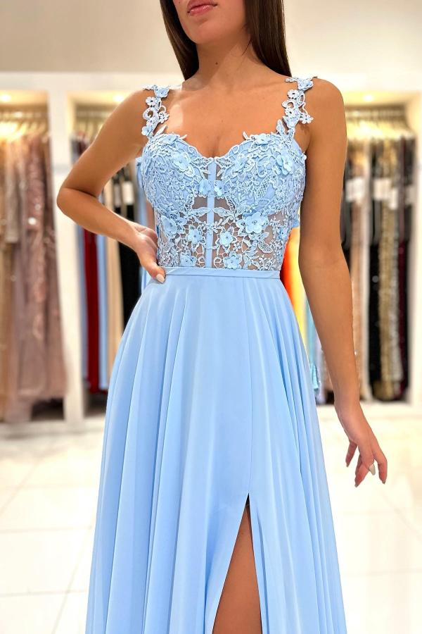 Abito lungo semplice a linea ad A con scollo a cuore, chiffon, pizzo, senza schiena e spacco per ballo di fine anno
